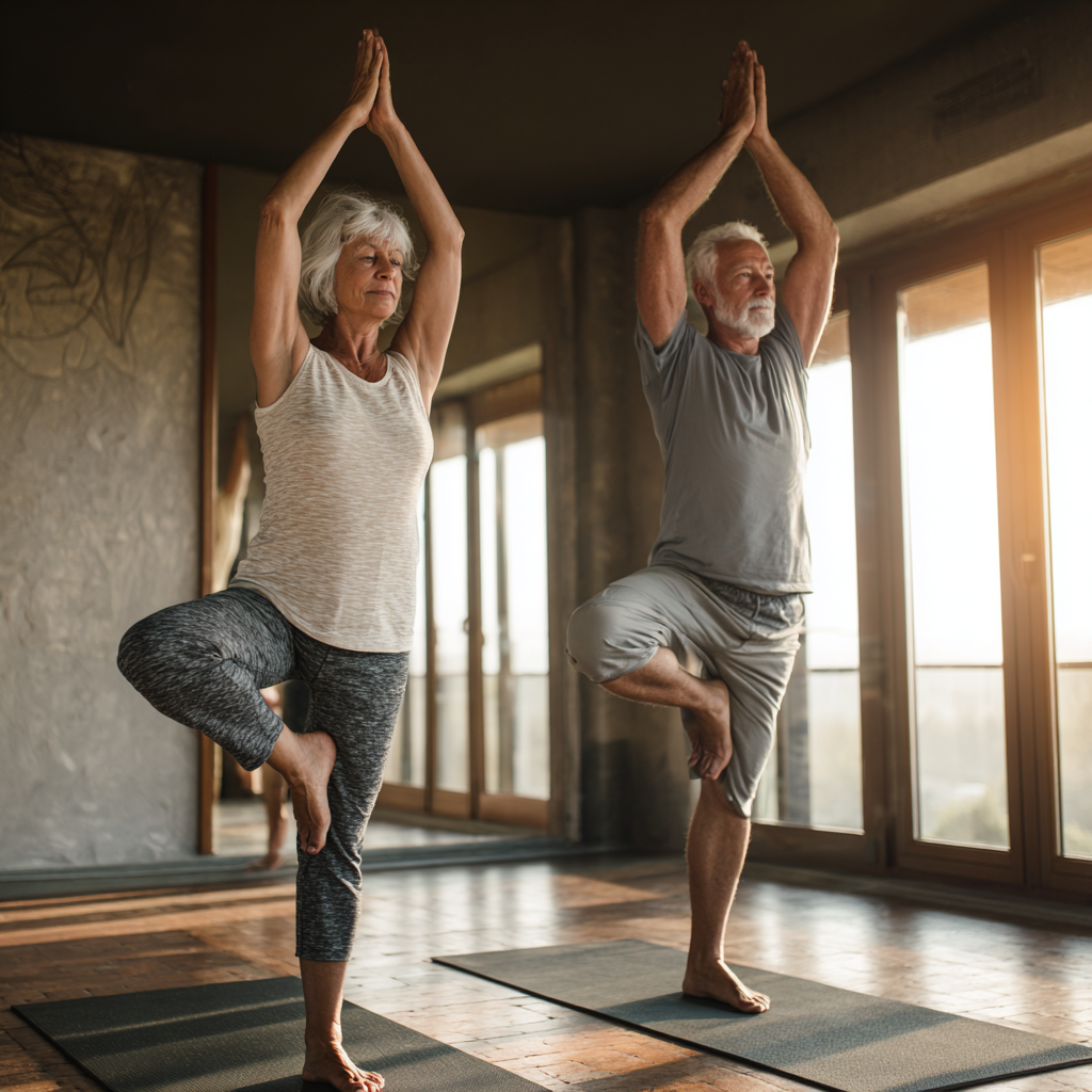Older adults practicing balance poses during yoga session in peaceful environment